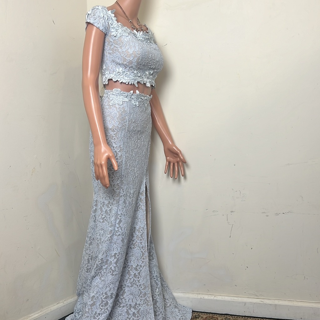 Sequin Hearts 2 Piece (Lace & Crop Top) Silver/Nude Size 5